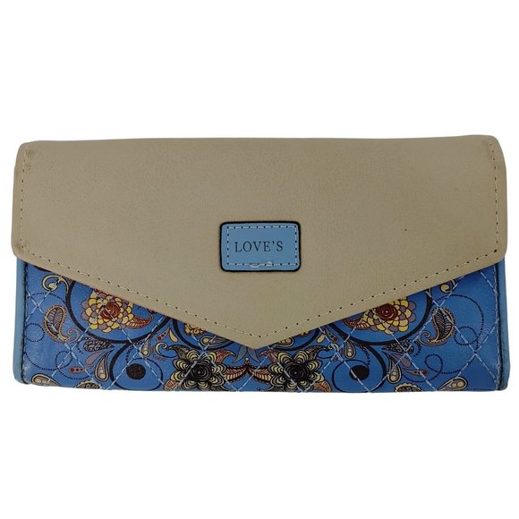 (1378)LOVE'S Blue Paisly Coated PVC & Faux Leather Large Tri-Fold Leather Wallet - Picture 1 of 5